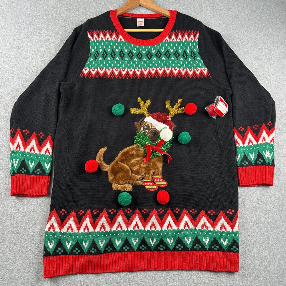 Holiday Time Tunic Womens 1X Slouchy Hat Pug Black Christmas Dog Ugly Sweater